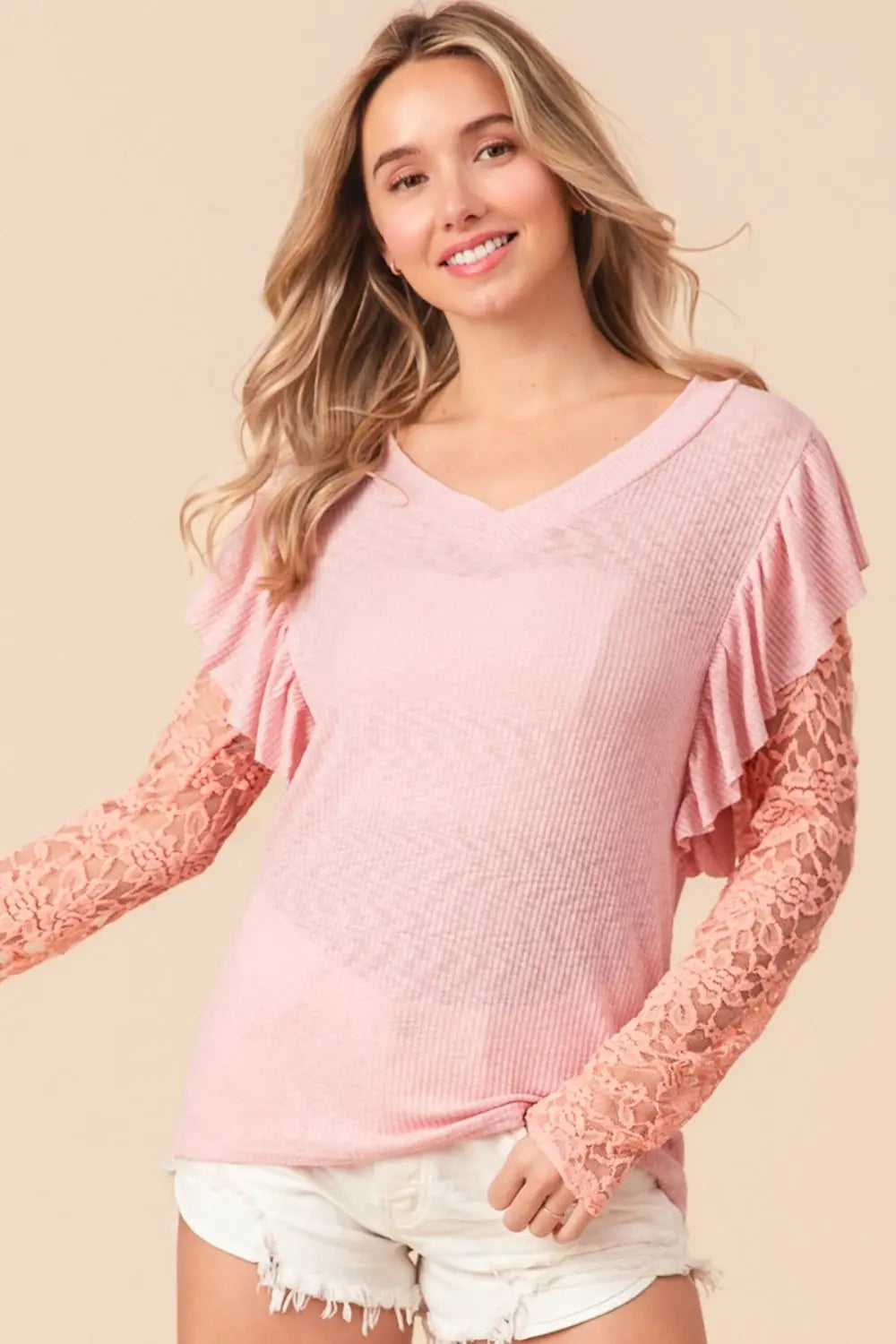 BiBi Ruffled Lace Sleeve Rib Knit Top Trendsi