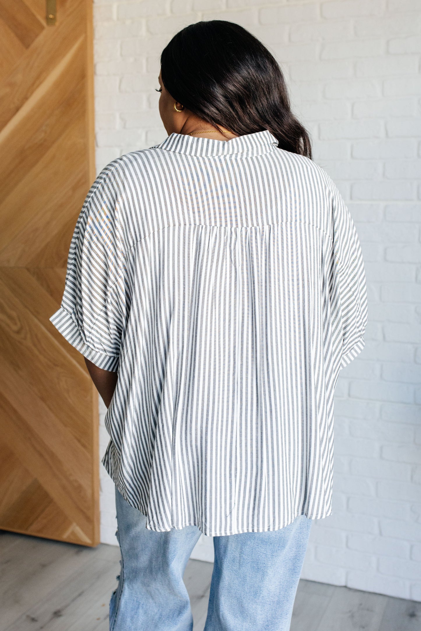 Boxy Striped Button Up in Black Ave Shops