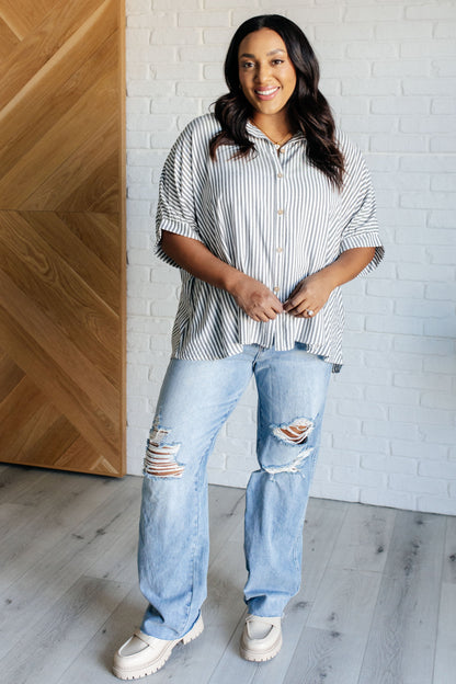 Boxy Striped Button Up in Black Ave Shops