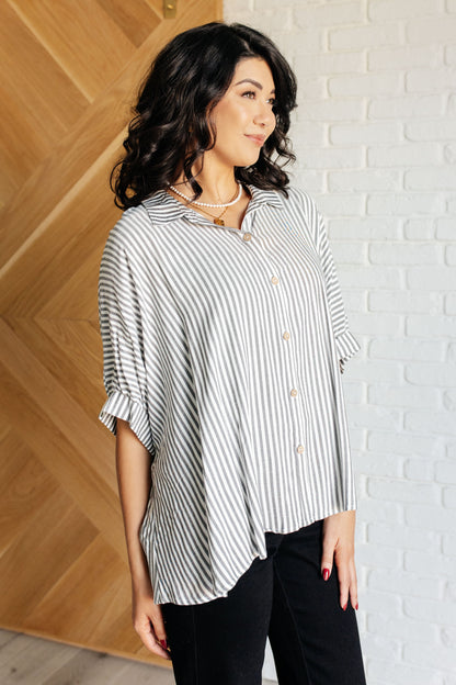 Boxy Striped Button Up in Black Ave Shops