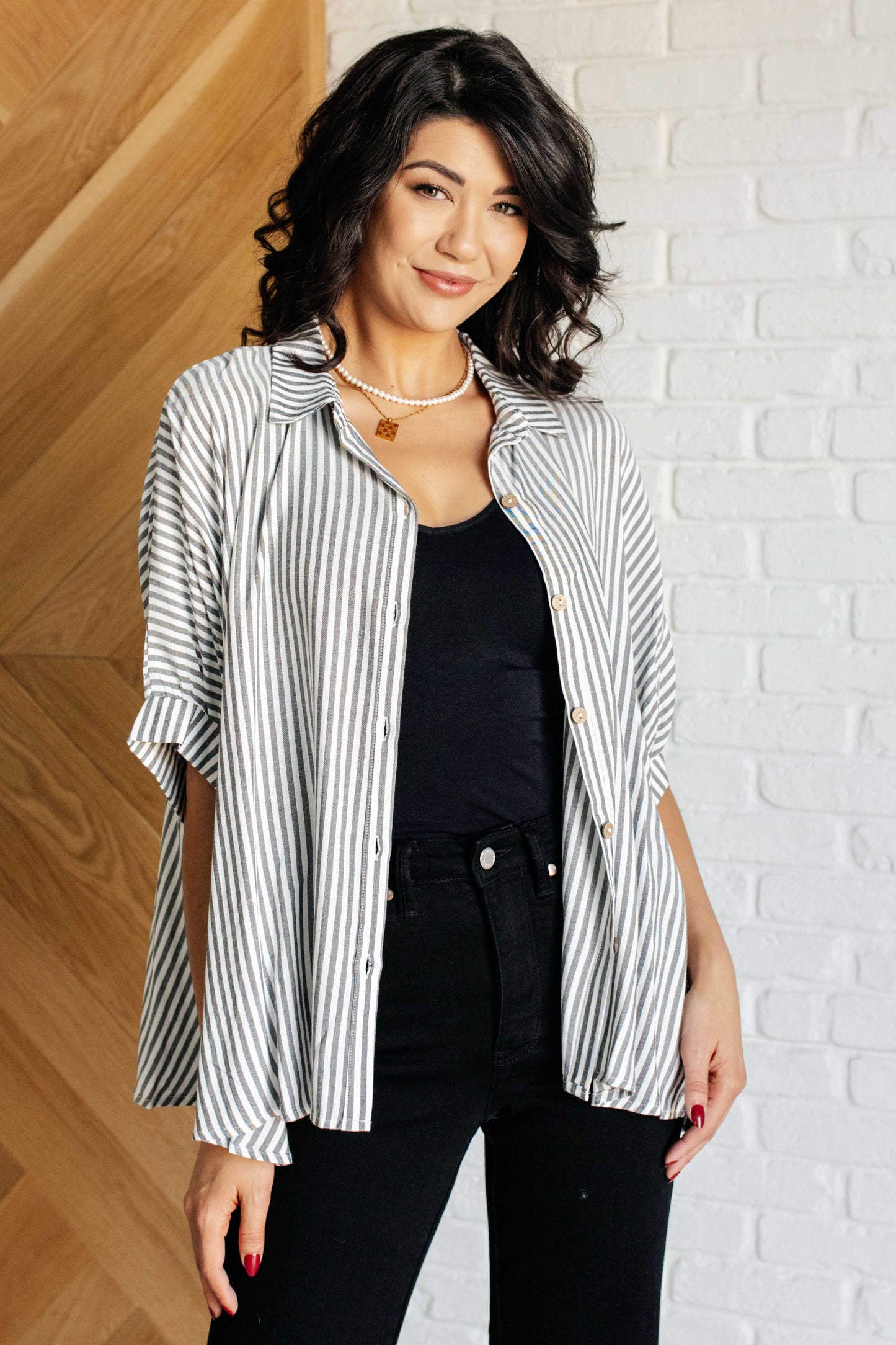 Boxy Striped Button Up in Black Ave Shops