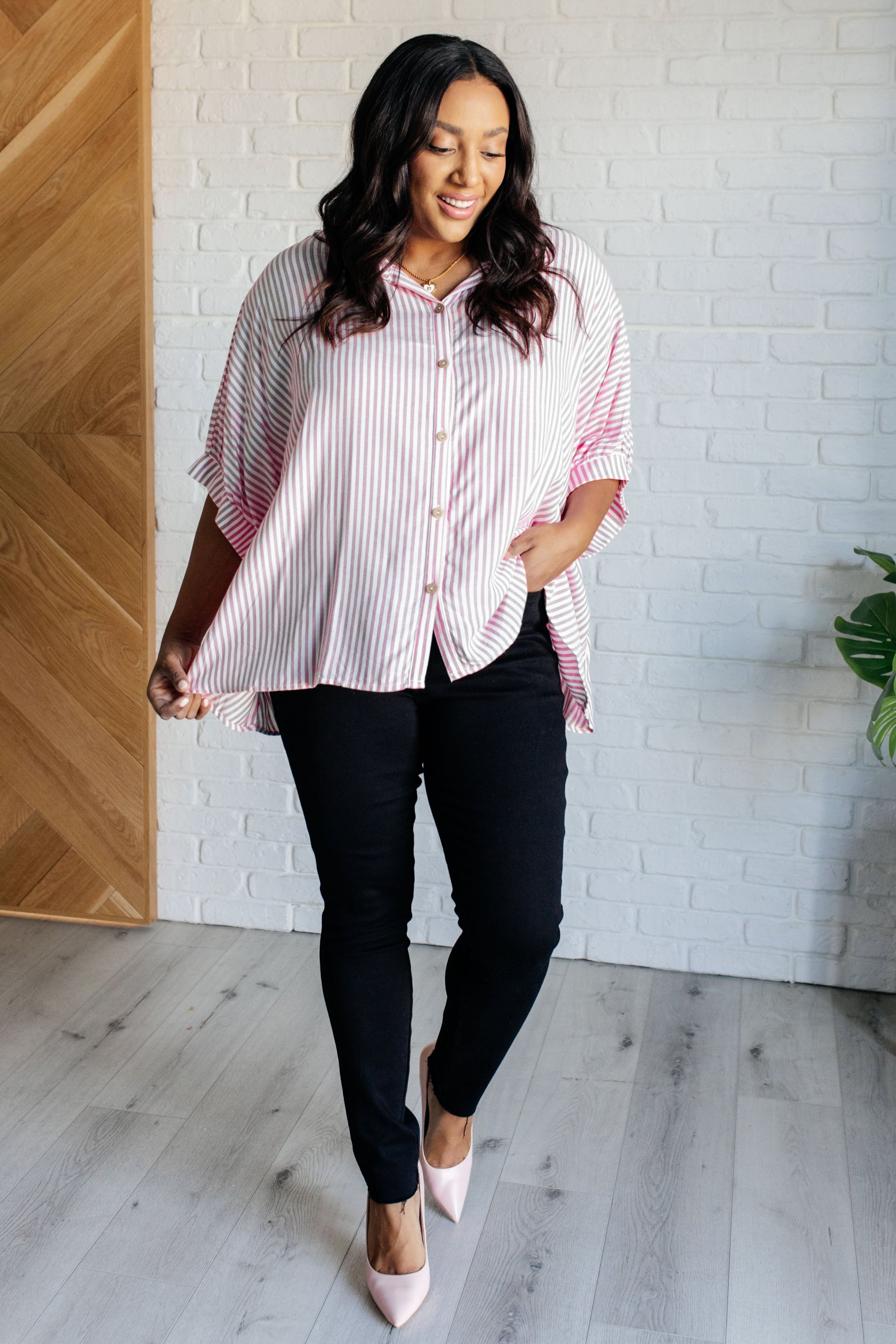 Boxy Striped Button Up in Hot Pink Ave Shops