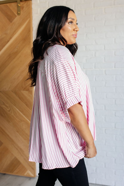 Boxy Striped Button Up in Hot Pink Ave Shops