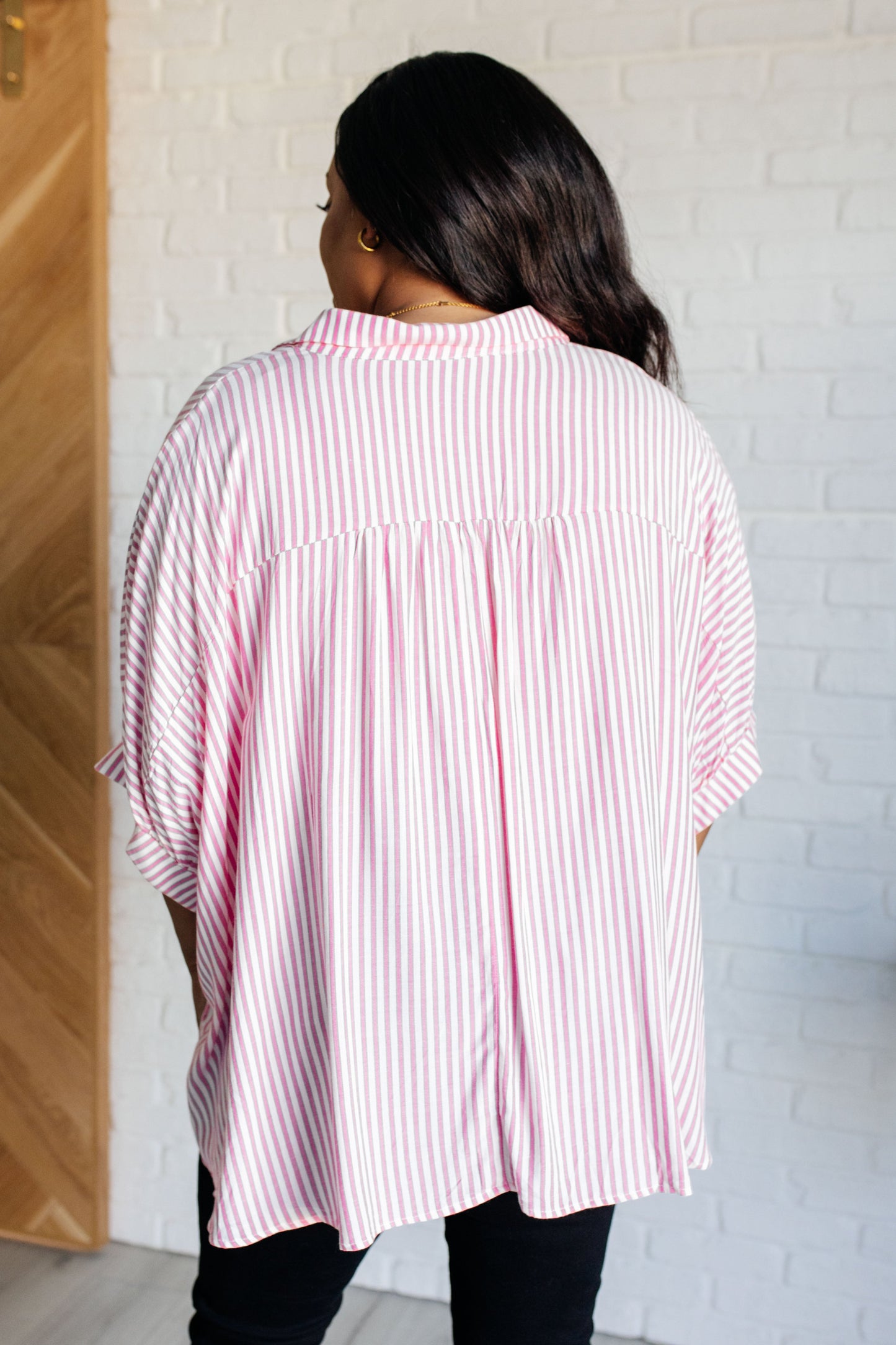 Boxy Striped Button Up in Hot Pink Ave Shops