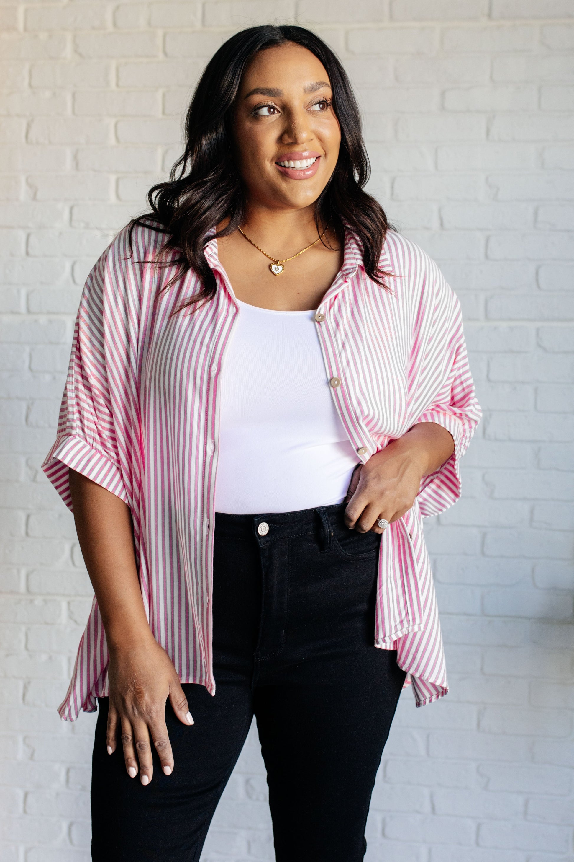 Boxy Striped Button Up in Hot Pink Ave Shops