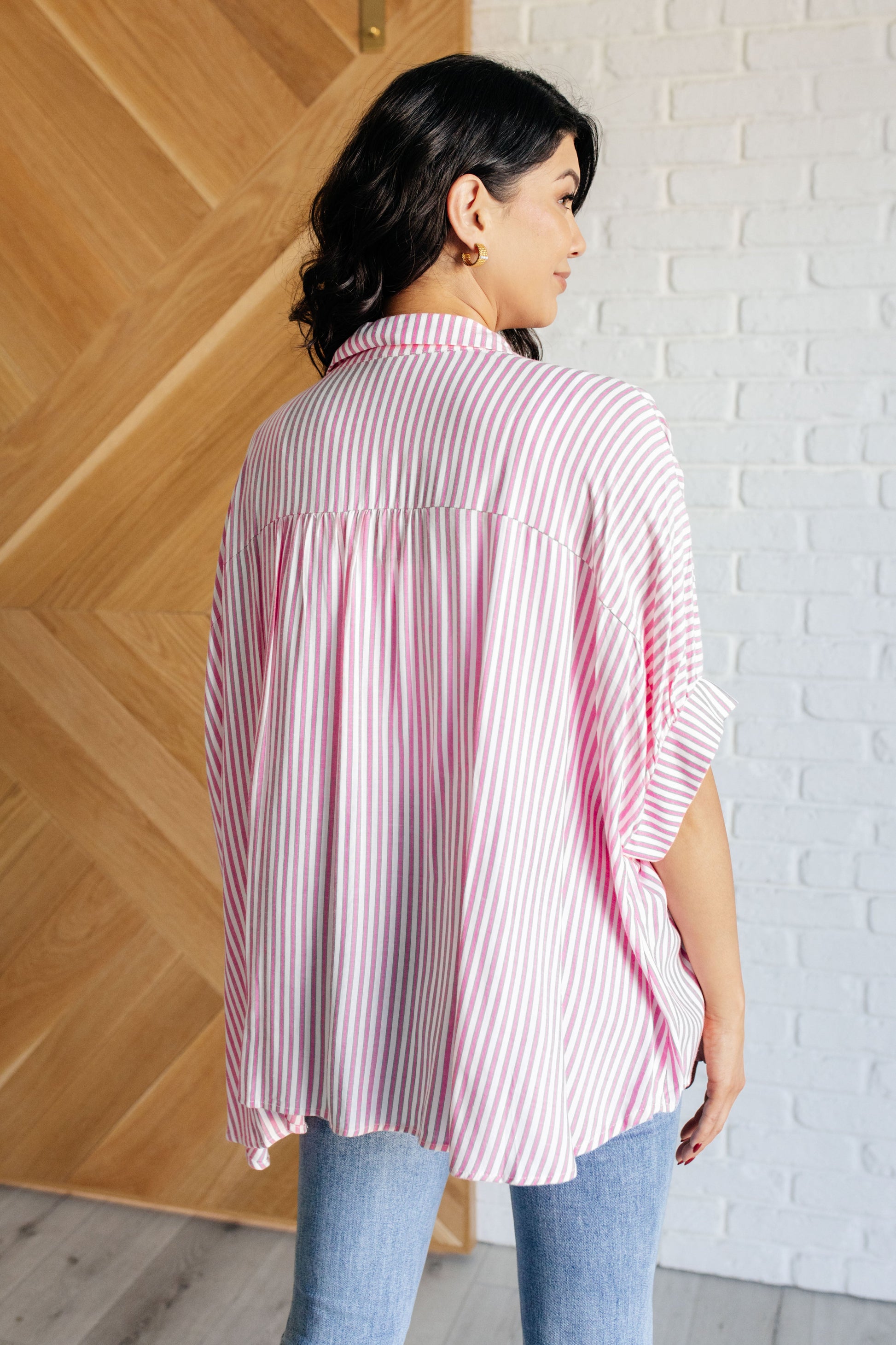 Boxy Striped Button Up in Hot Pink Ave Shops