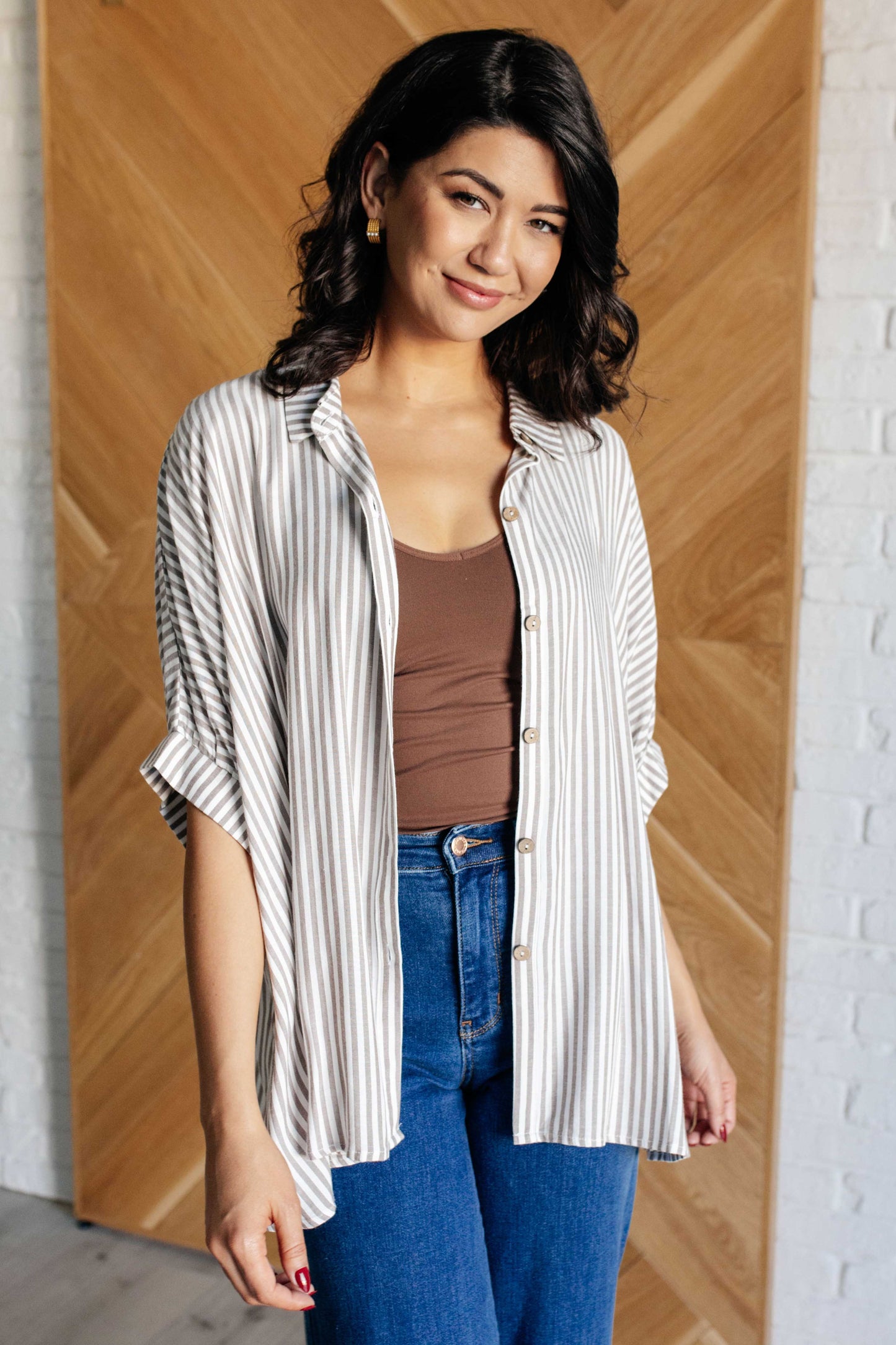 Boxy Striped Button Up in Mocha Ave Shops