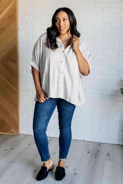 Boxy Striped Button Up in Mocha Ave Shops