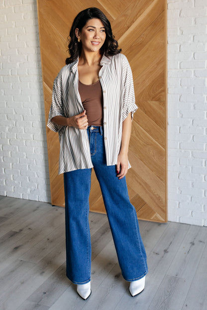 Boxy Striped Button Up in Mocha Ave Shops