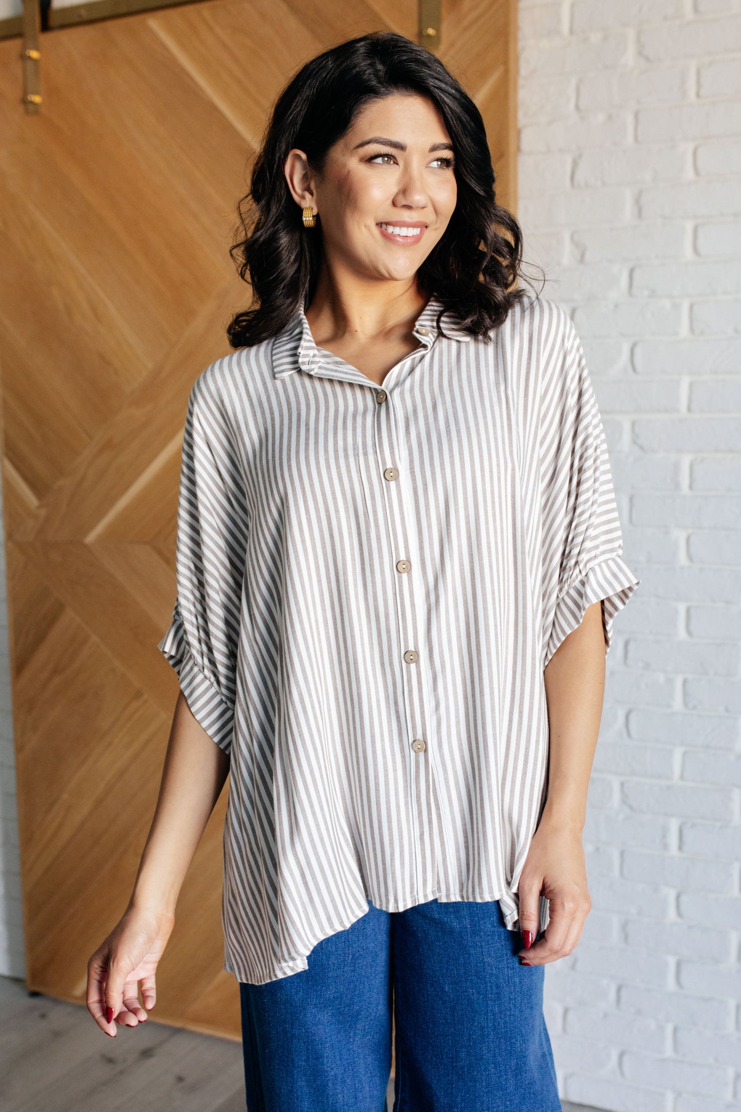 Boxy Striped Button Up in Mocha Ave Shops