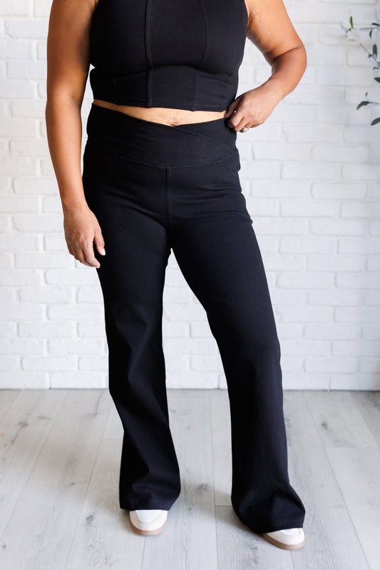 Building Habits Twill Flared Crossover Waist Pant in Black Ave Shops