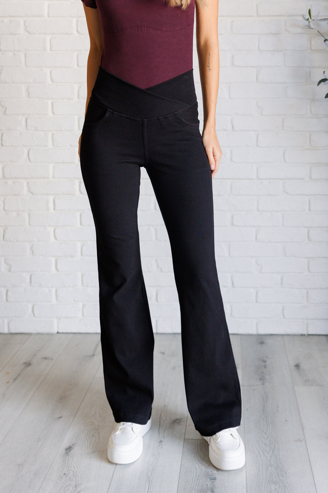 Building Habits Twill Flared Crossover Waist Pant in Black Ave Shops