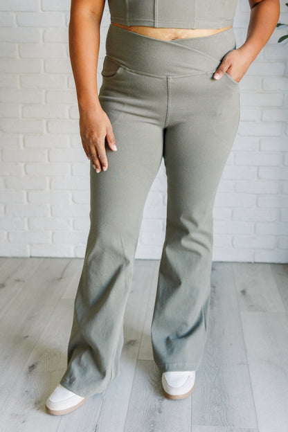 Building Habits Twill Flared Crossover Waist Pant in Dusty Olive Ave Shops