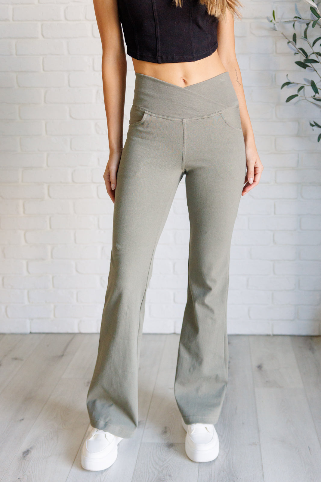 Building Habits Twill Flared Crossover Waist Pant in Dusty Olive Ave Shops