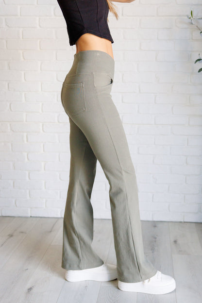 Building Habits Twill Flared Crossover Waist Pant in Dusty Olive Ave Shops