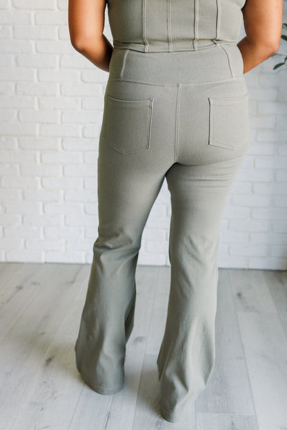 Building Habits Twill Flared Crossover Waist Pant in Dusty Olive Ave Shops