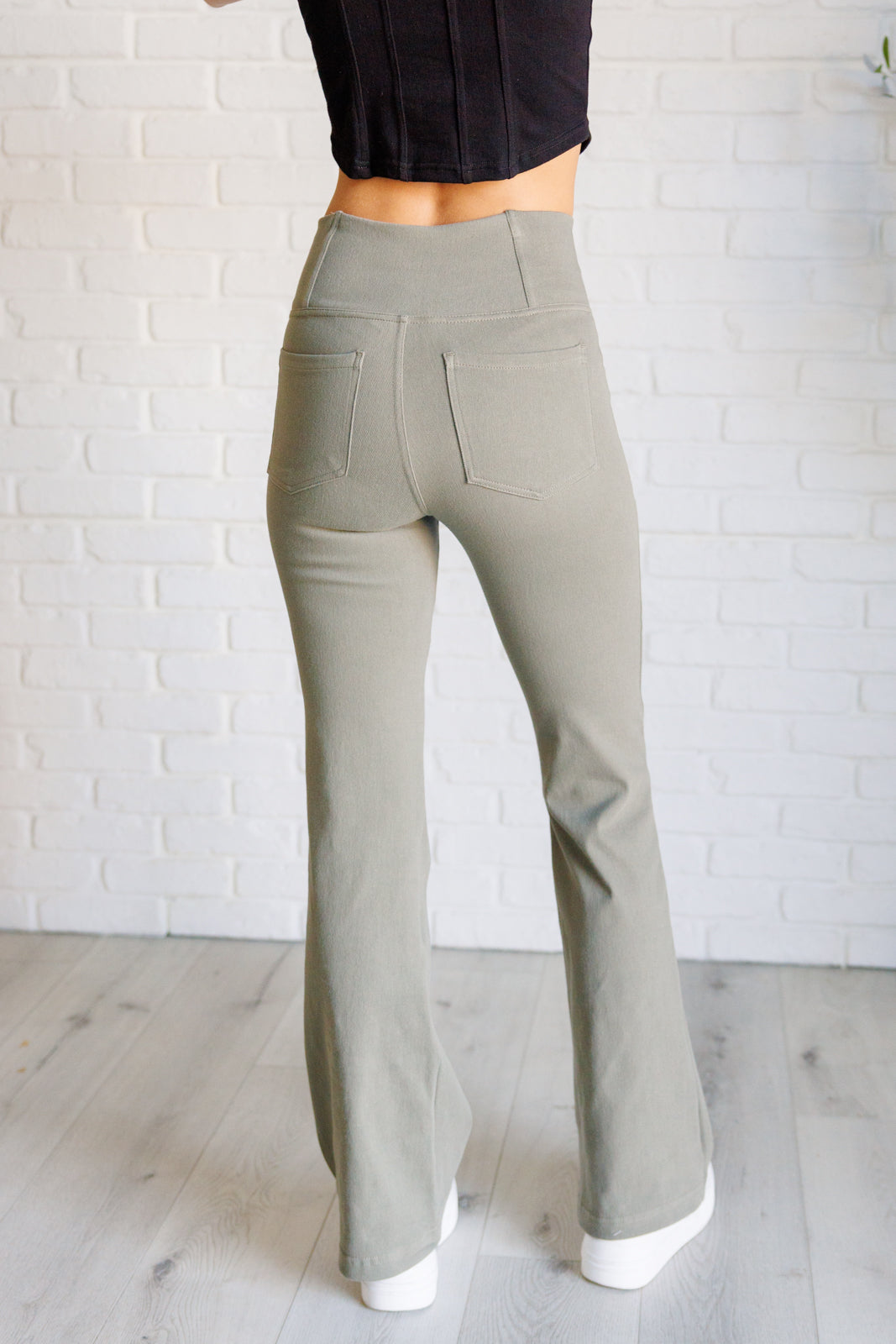 Building Habits Twill Flared Crossover Waist Pant in Dusty Olive Ave Shops