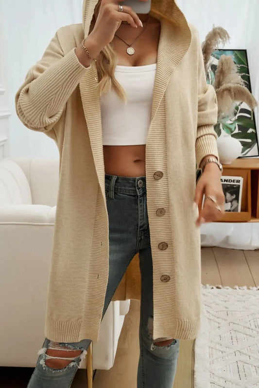 Button Up Long Sleeve Hooded Cardigan Trendsi