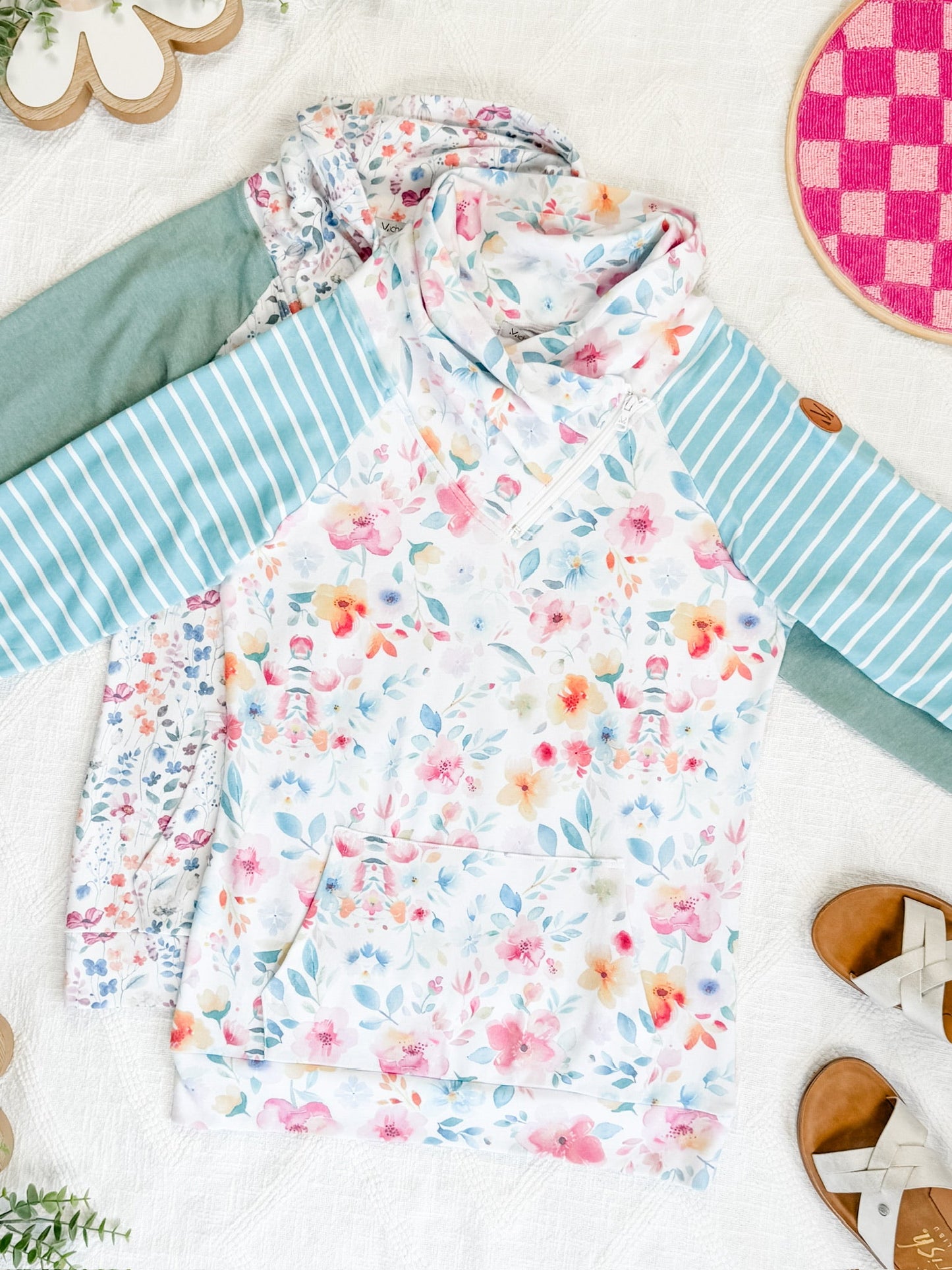 Zoey Zip Cowl Sweatshirt - Watercolor Floral and Stripes