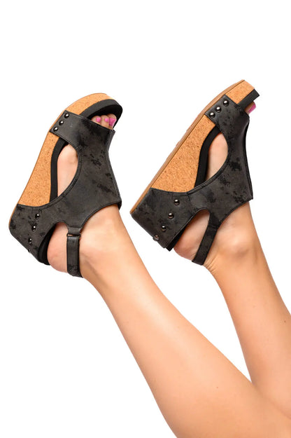 Carley Wedge Sandals in Black Metallic Ave Shops