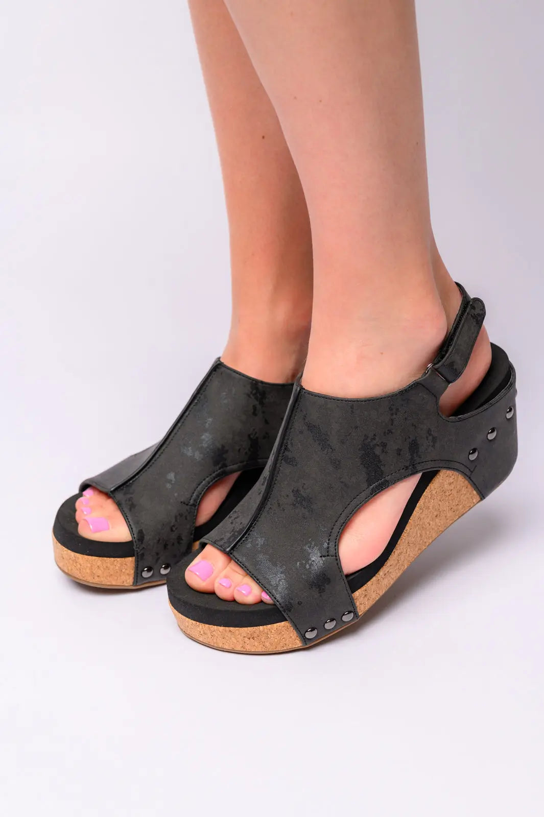 Carley Wedge Sandals in Black Metallic Ave Shops