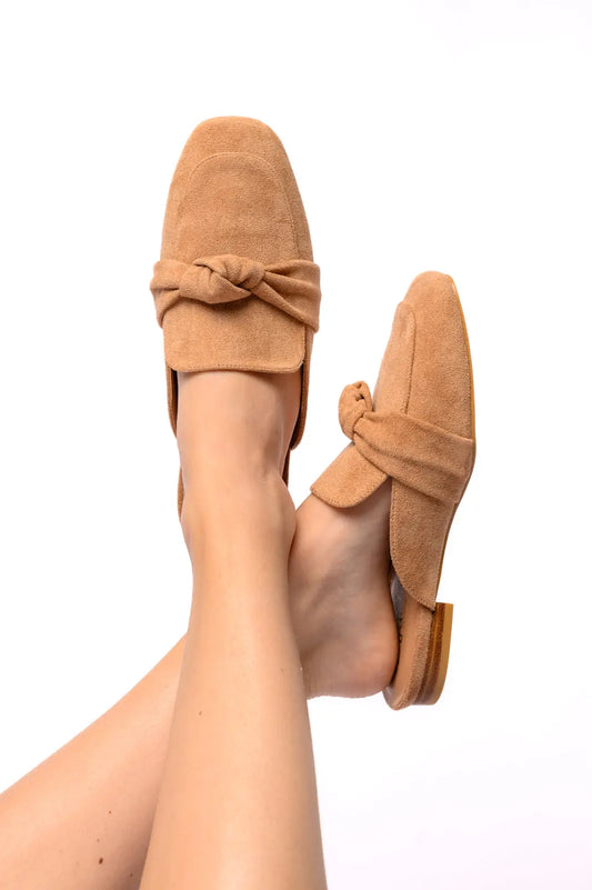 Clingy Mules in Camel Faux Suede Ave Shops