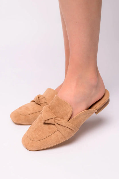 Clingy Mules in Camel Faux Suede Ave Shops