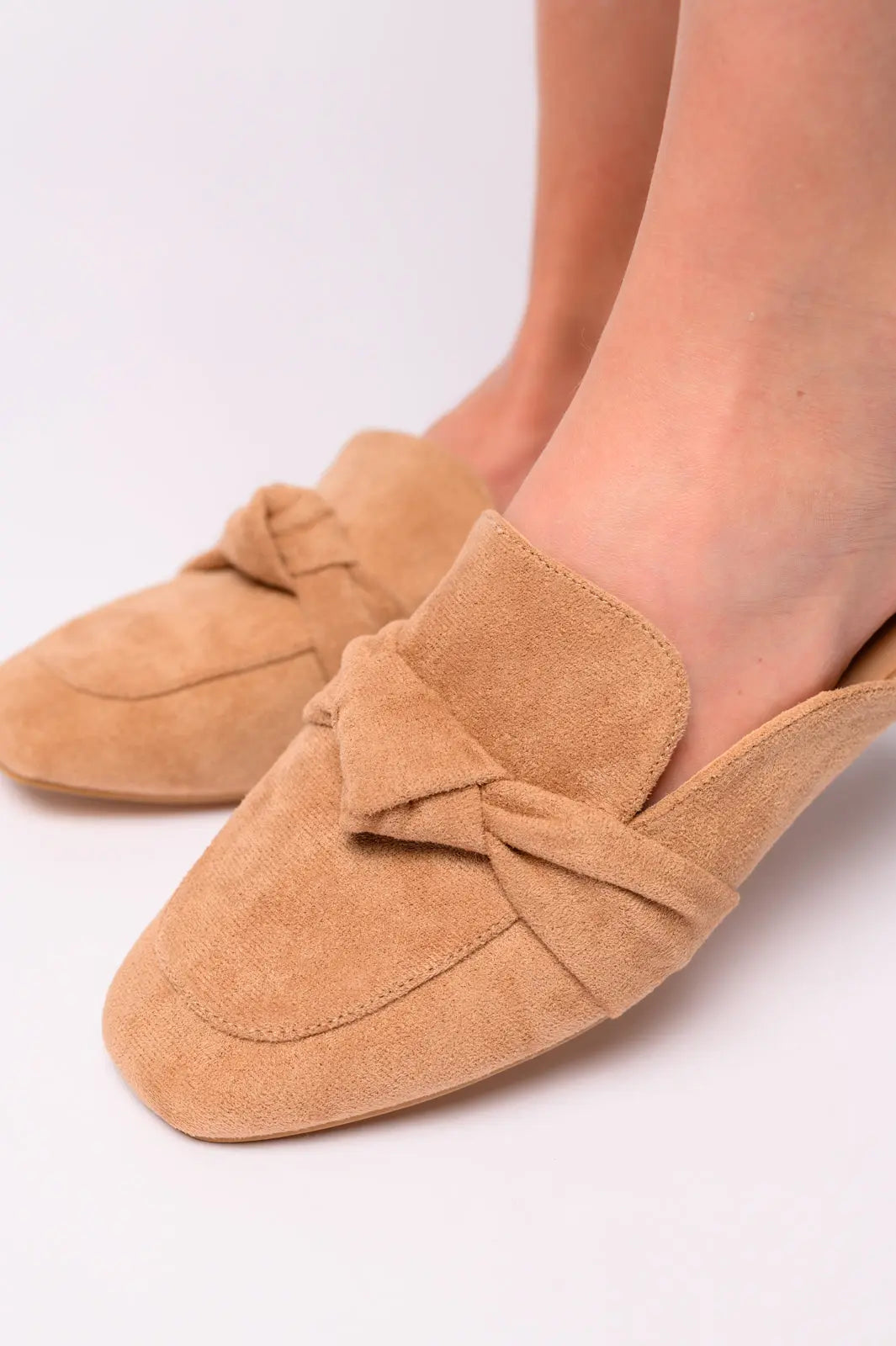 Clingy Mules in Camel Faux Suede Ave Shops