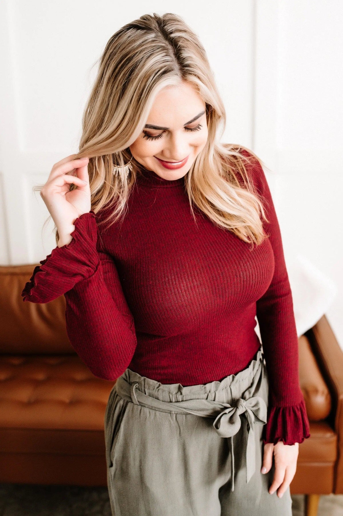 Mock Neck Bell Sleeve Top In Heathered Burgundy American Boutique Drop Ship
