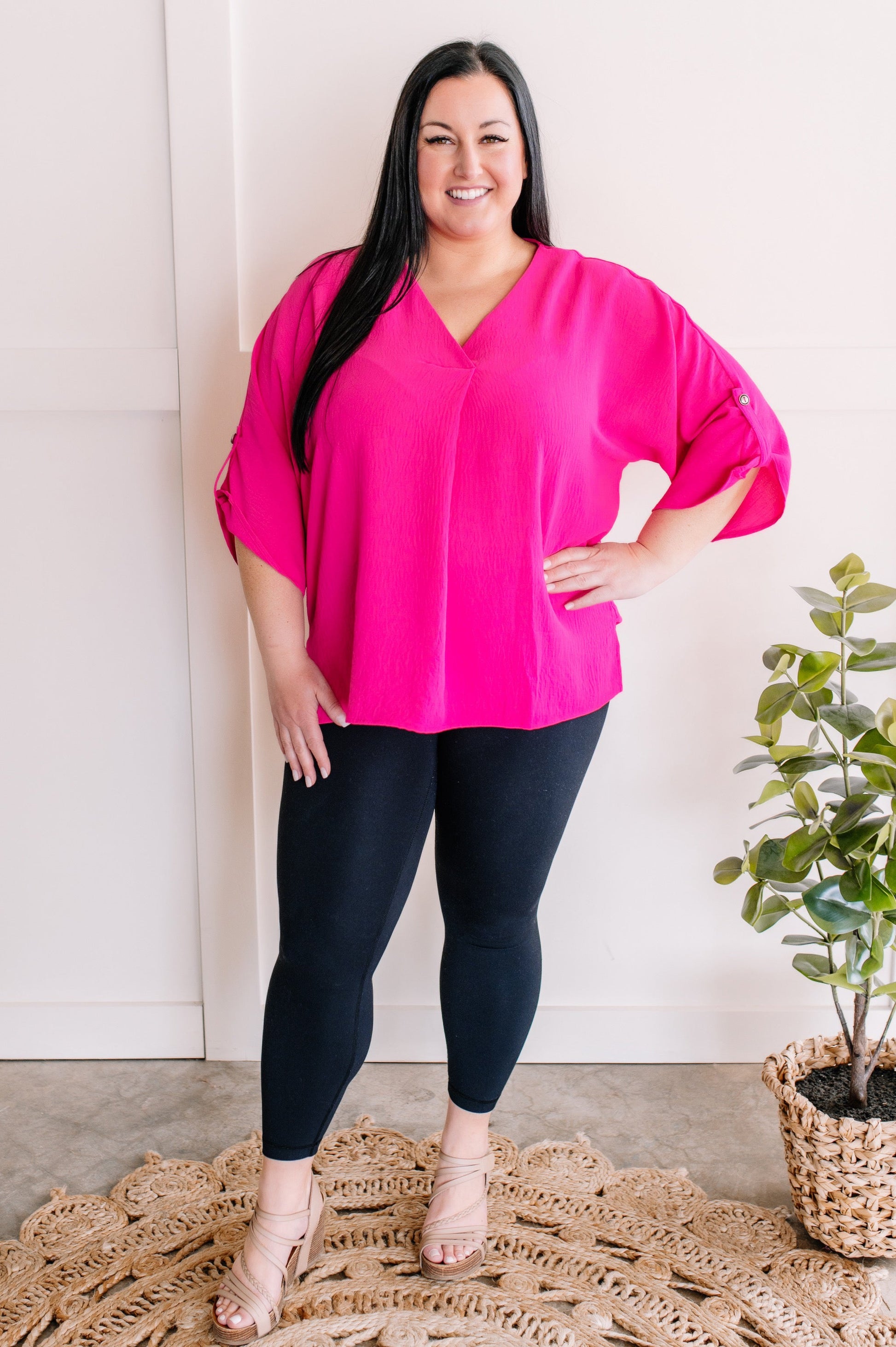 Pleated Blouse With Button Sleeve Detail In Hot Pink American Boutique Drop Ship
