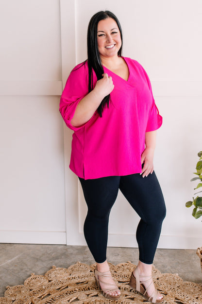 Pleated Blouse With Button Sleeve Detail In Hot Pink American Boutique Drop Ship