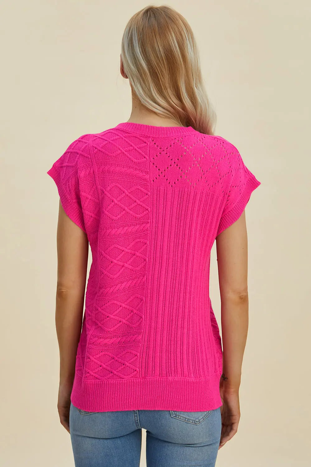 Double Take Full Size Cable-Knit Round Neck Cap Sleeve Sweater Trendsi