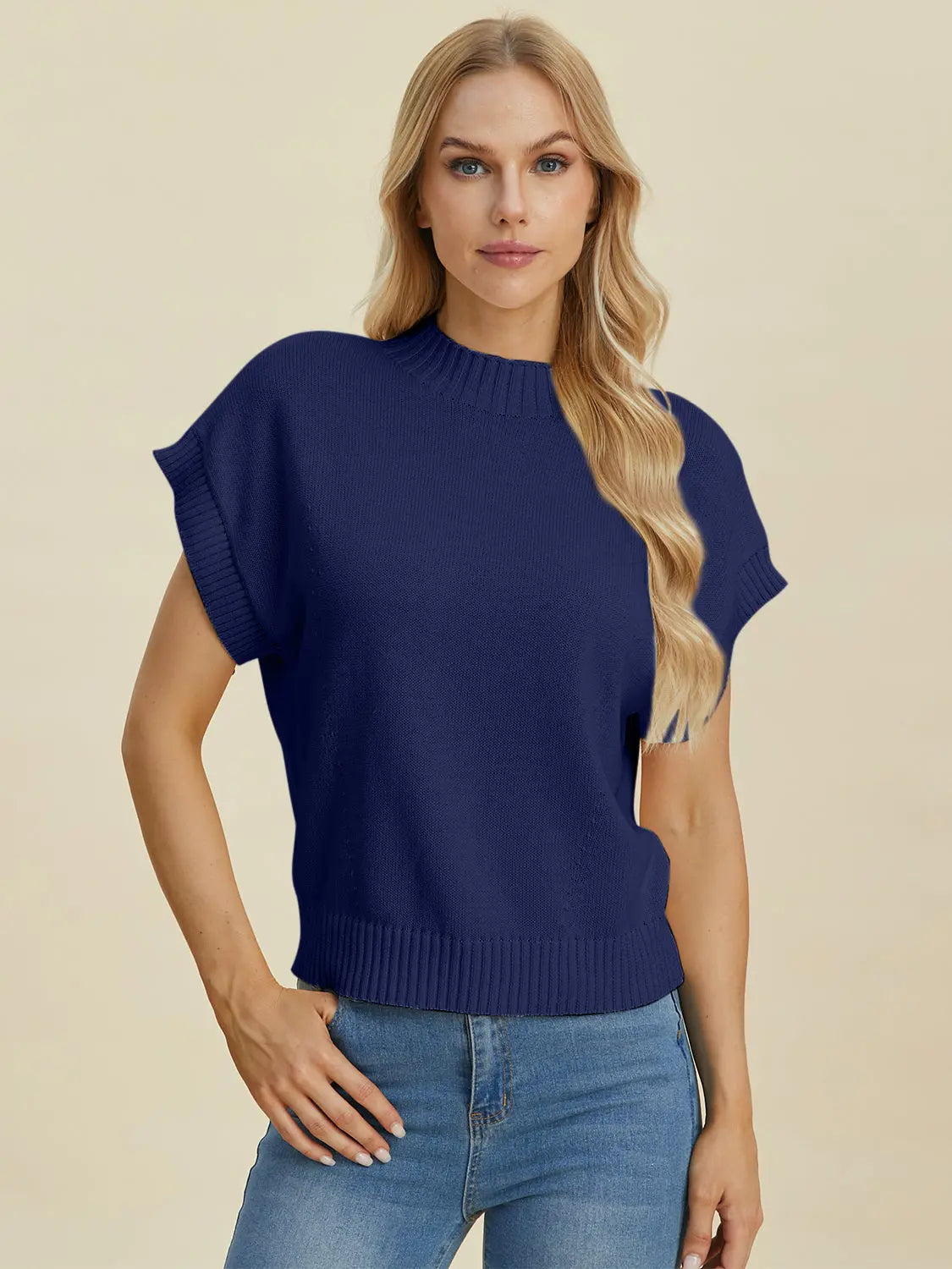 Double Take Full Size Mock Neck Short Sleeve Sweater Trendsi