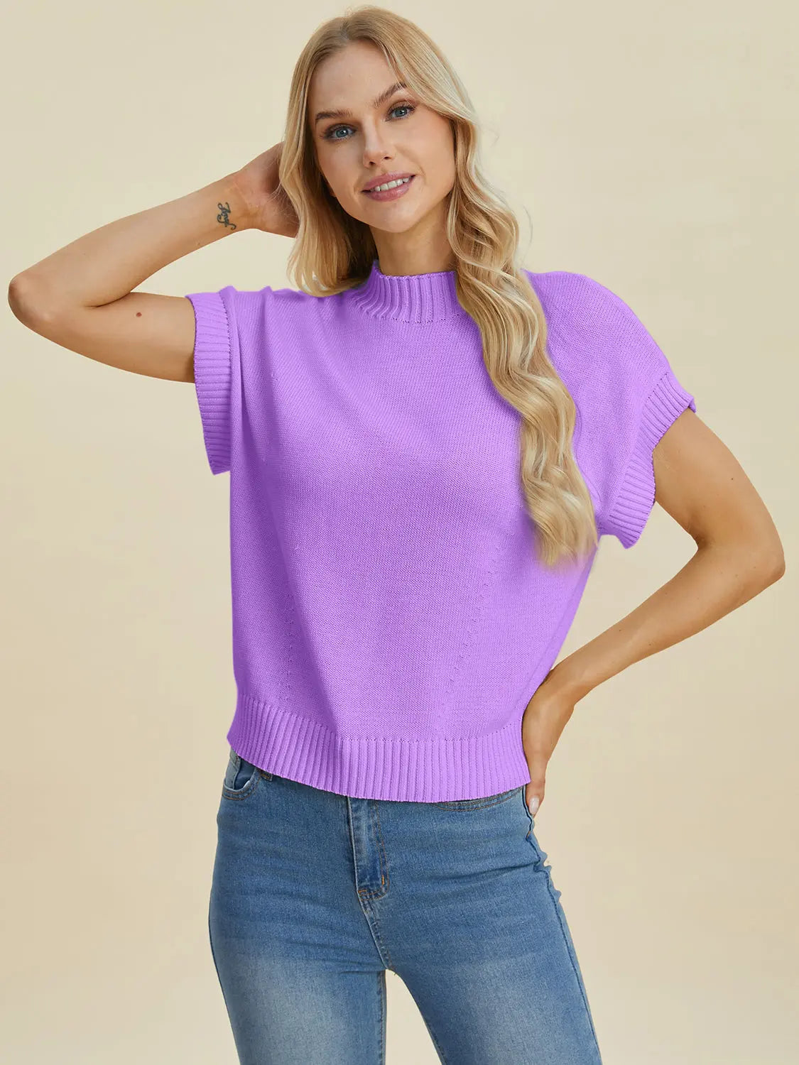 Double Take Full Size Mock Neck Short Sleeve Sweater Trendsi