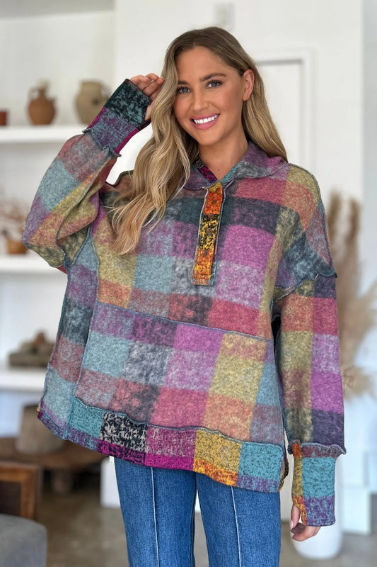 Double Take Full Size Plaid Dropped Shoulder Hoodie Trendsi