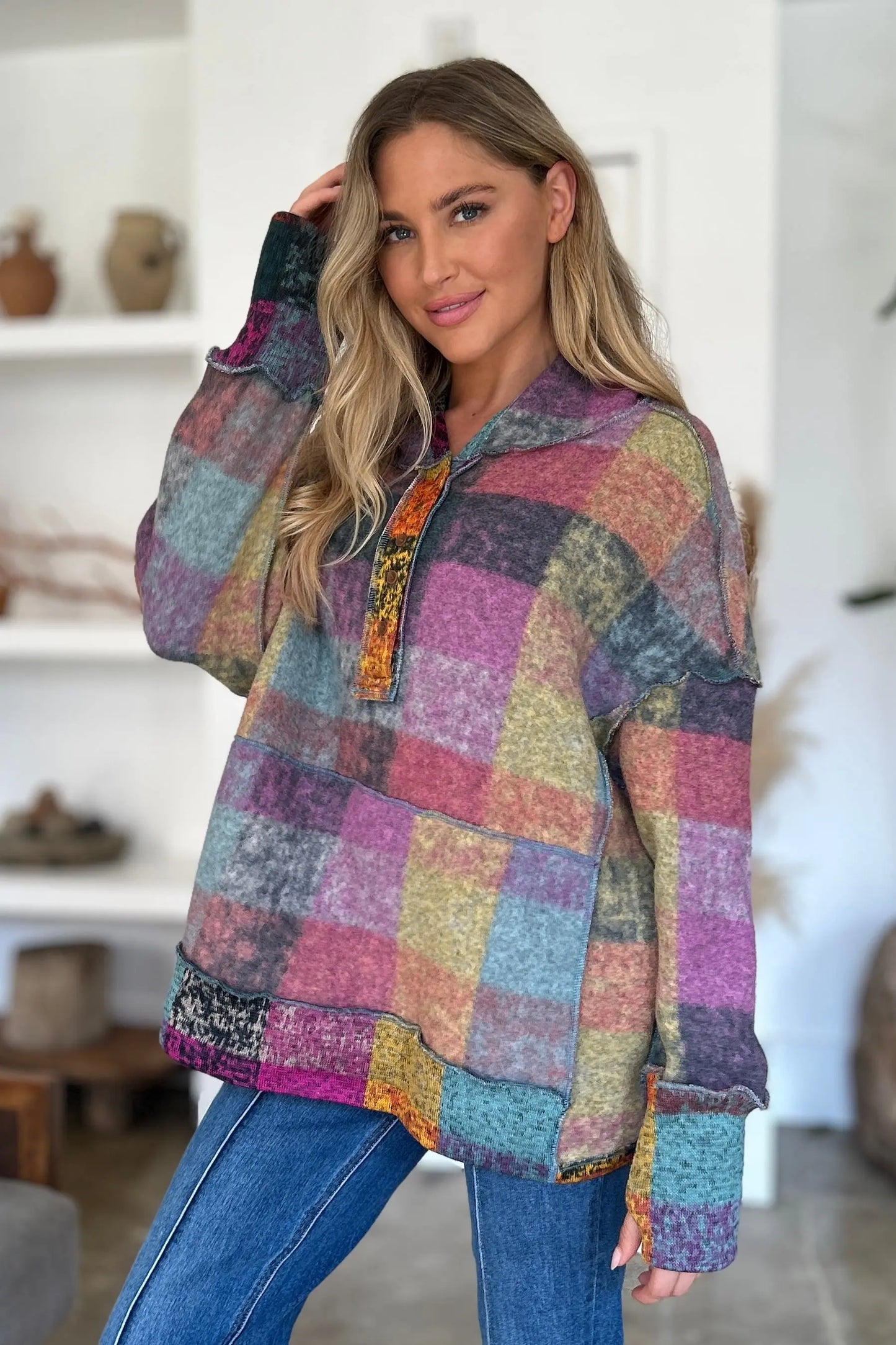 Double Take Full Size Plaid Dropped Shoulder Hoodie Trendsi