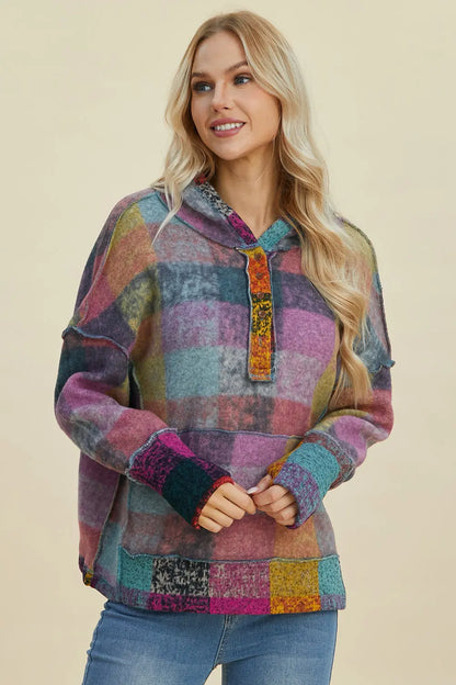 Double Take Full Size Plaid Dropped Shoulder Hoodie Trendsi