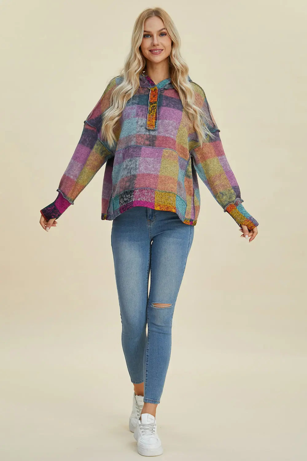 Double Take Full Size Plaid Dropped Shoulder Hoodie Trendsi