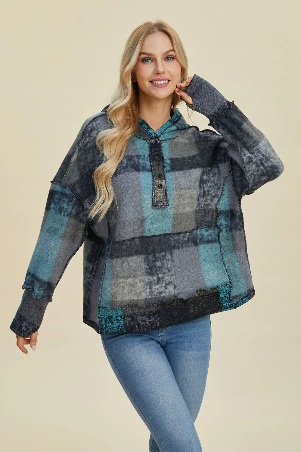 Double Take Full Size Plaid Dropped Shoulder Hoodie Trendsi