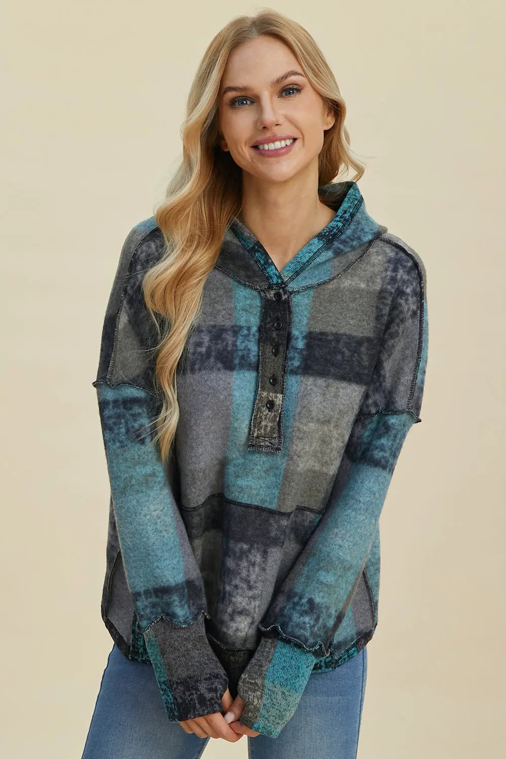 Double Take Full Size Plaid Dropped Shoulder Hoodie Trendsi