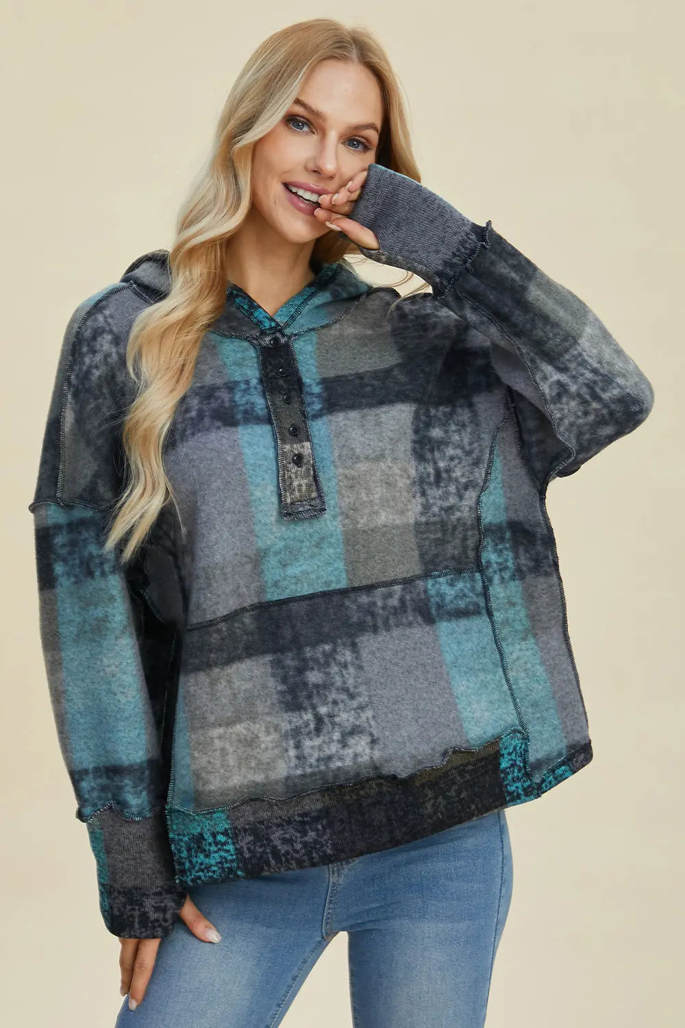 Double Take Full Size Plaid Dropped Shoulder Hoodie Trendsi