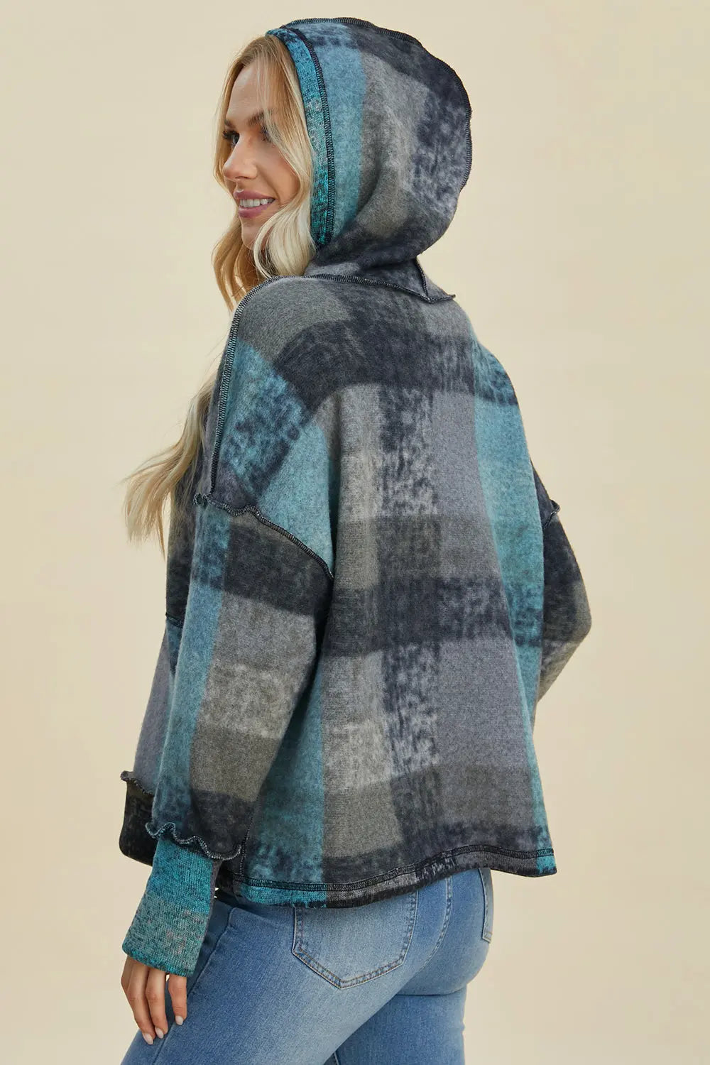 Double Take Full Size Plaid Dropped Shoulder Hoodie Trendsi