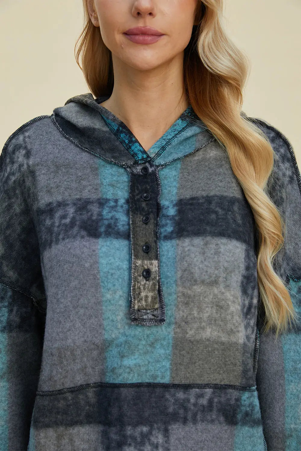 Double Take Full Size Plaid Dropped Shoulder Hoodie Trendsi