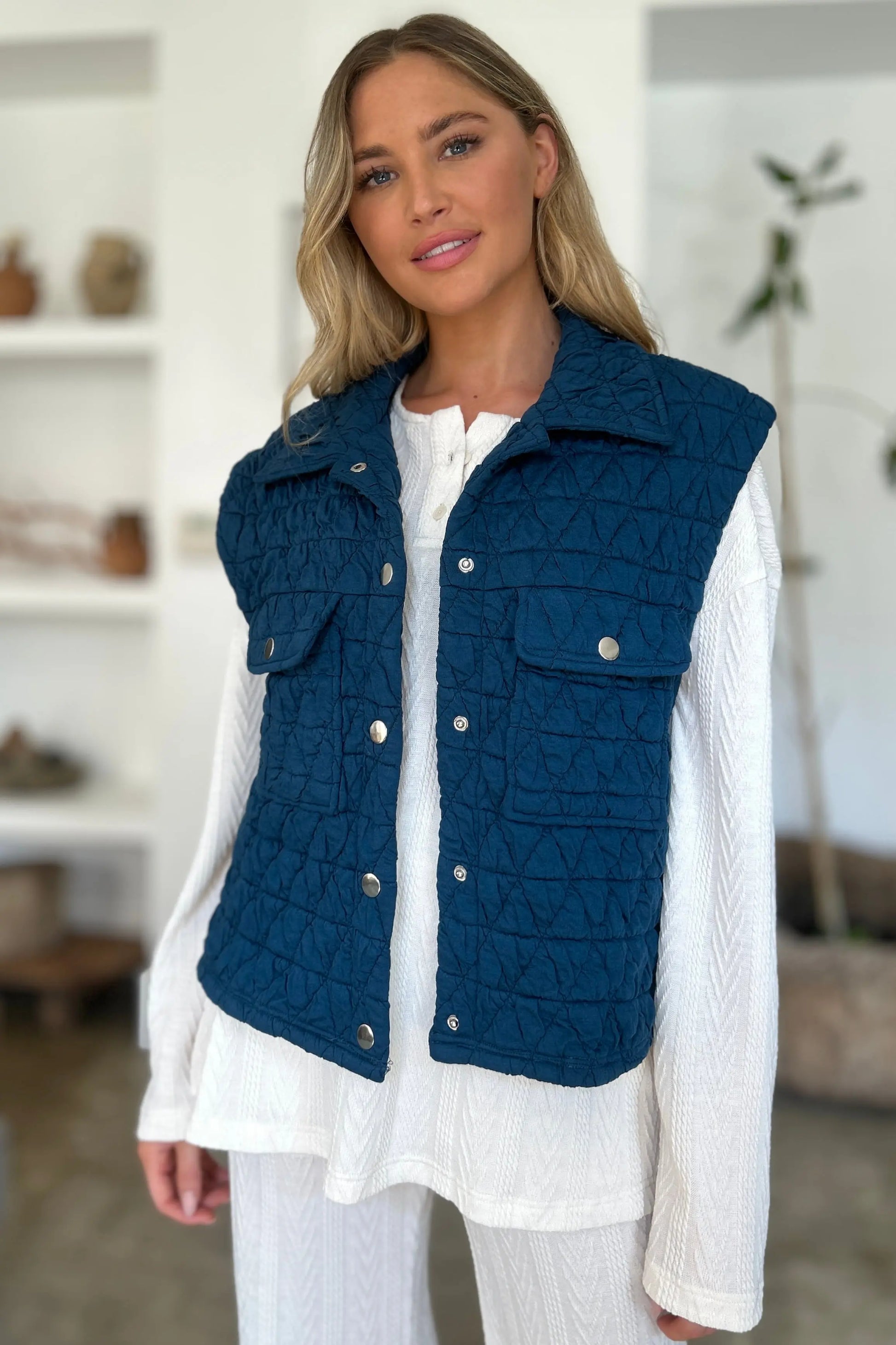 Double Take Full Size Pocketed Texture Snap Down Vest Coat Trendsi