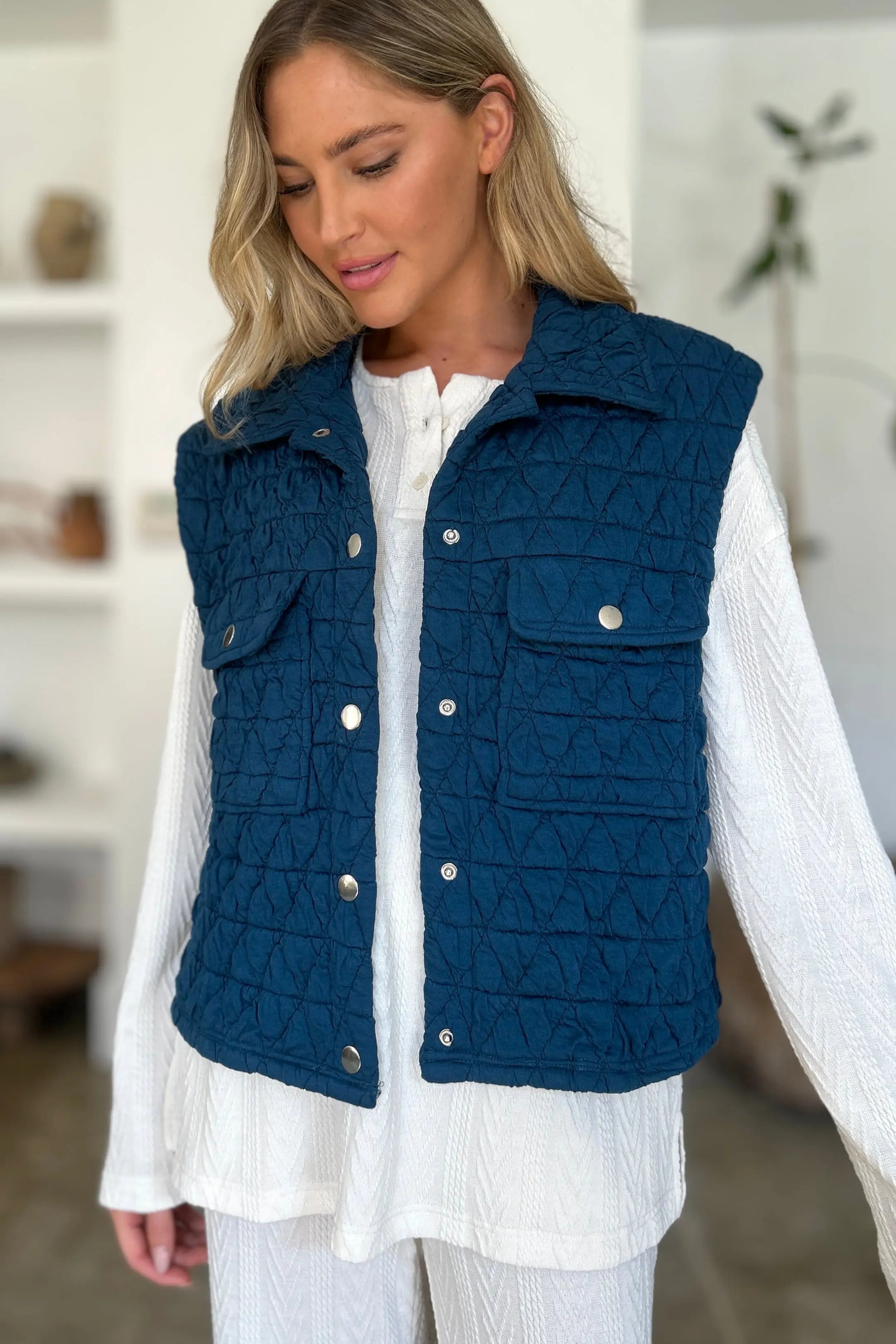 Double Take Full Size Pocketed Texture Snap Down Vest Coat Trendsi