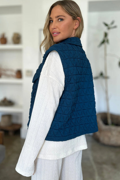 Double Take Full Size Pocketed Texture Snap Down Vest Coat Trendsi