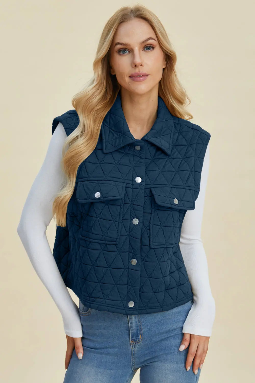 Double Take Full Size Pocketed Texture Snap Down Vest Coat Trendsi