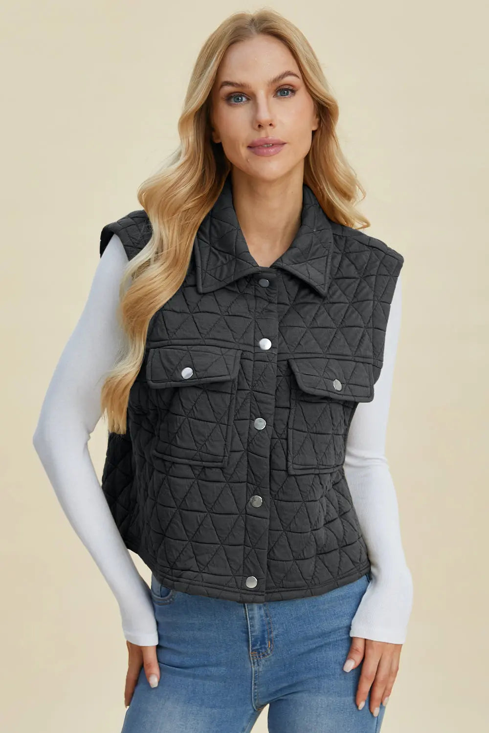 Double Take Full Size Pocketed Texture Snap Down Vest Coat Trendsi