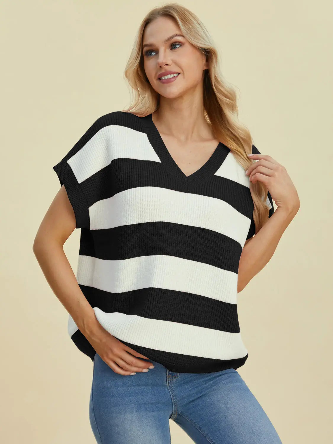 Double Take Full Size Striped V-Neck Short Sleeve Sweater Trendsi