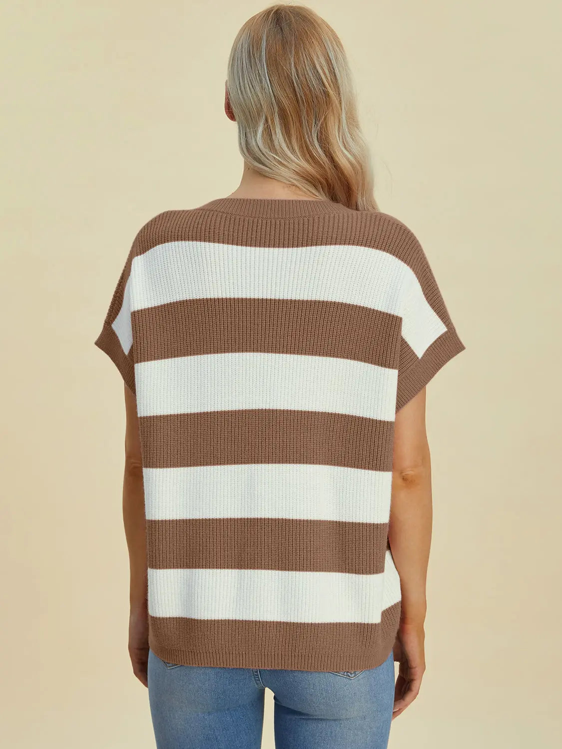 Double Take Full Size Striped V-Neck Short Sleeve Sweater Trendsi